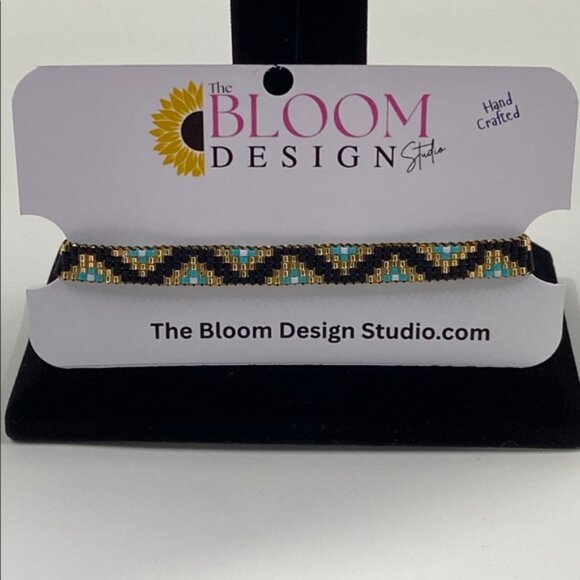 Cute Handcrafted Loom-Beaded Bracelet with Turquoise ,Black and Gold Beads - Picture 4 of 9